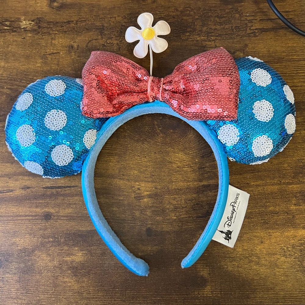 Minnie Mouse Blue Sequin Polka Dot Ears with Red Bow